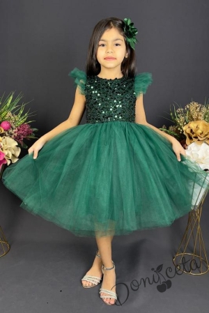 Официална детска рокля Набел в тъмнозелено с тюл и панделка за коса