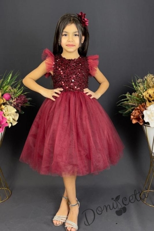 Официална детска рокля Набел в бордо с тюл и панделка за коса