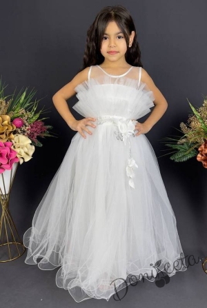 Официална детска дълга рокля в бяло Анджелина с тюл без ръкав 
