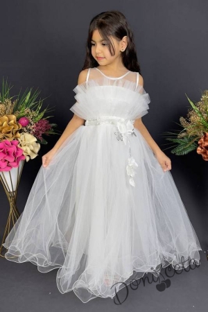 Официална детска дълга рокля в бяло с тюл без ръкав 2