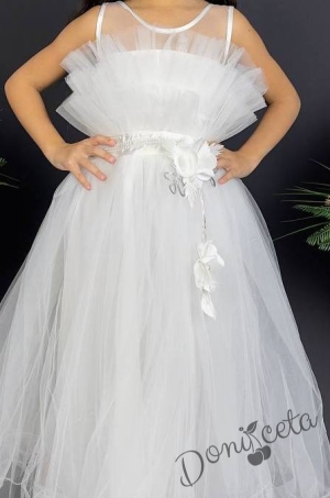 Официална детска дълга рокля в бяло с тюл без ръкав 3