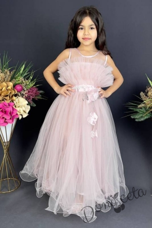 Официална детска дълга рокля Анджелина в пепел от рози с тюл без ръкав 