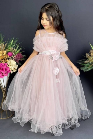 Официална детска дълга рокля в пепел от рози с тюл без ръкав 2