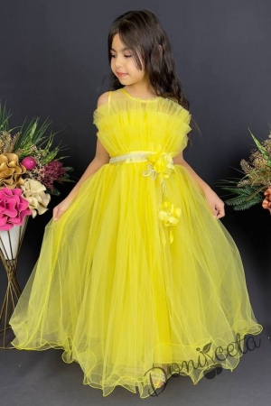 Официална детска дълга рокля в жълто с тюл без ръкав 2