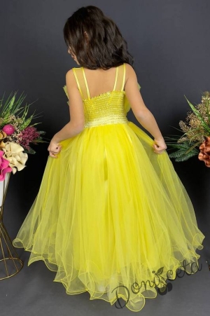 Официална детска дълга рокля в жълто с тюл без ръкав 3