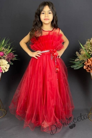 Официална детска дълга рокля в червено Анджелина с тюл без ръкав 