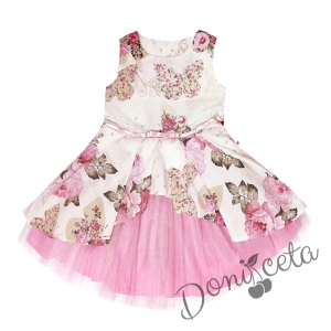 Детска официална рокля Надежда с розови цветя тип клош с тюл