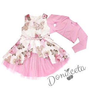 Комплект от официална детска рокля с цветя Надежда с тюл и болеро в розово 1
