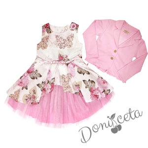 Комплект от официална детска рокля Надежда с цветя с тюл и сако в розово 1