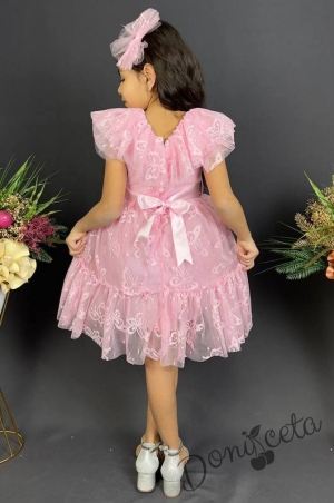 Детска рокля в розово с къс ръкав и панделка за коса с пеперуди3