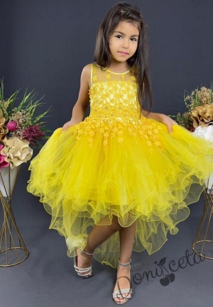 Детска рокля в жълто на цветя с къс ръкав и тюл 1