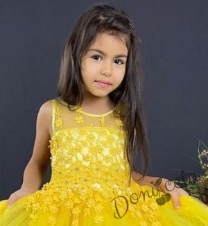 Детска рокля в жълто на цветя с къс ръкав и тюл 2