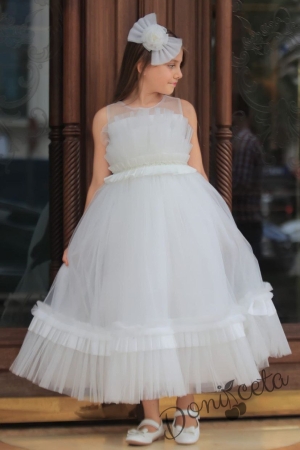 Официална детска дълга рокля в бяло с тюл без ръкав 