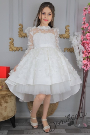 Официална детска рокля с дълъг ръкав, и бродирани пеперуди в бяло 1