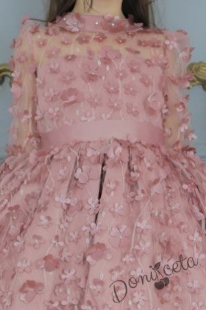 Официална детска рокля с дълъг ръкав, и бродирани пеперуди в пепел от рози 2