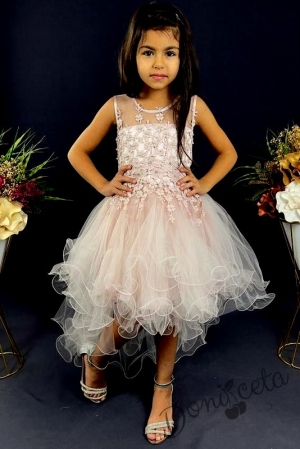 Детска рокля Карина в пепел от рози с цветя без ръкав с тюл с шлейф