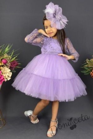 Официална детска рокля с дълъг ръкав  от дантела и тюл в лилаво с панделка за коса  1