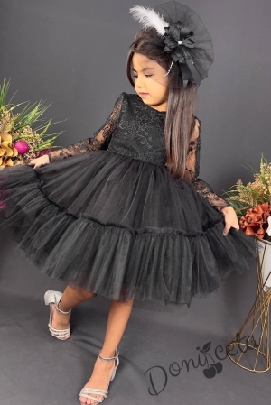 Официална детска рокля с дълъг ръкав  от дантела и тюл в черно с панделка за коса 1
