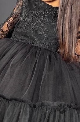 Официална детска рокля с дълъг ръкав  от дантела и тюл в черно с панделка за коса 2