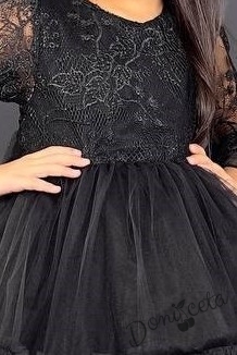 Официална детска рокля с дълъг ръкав  от дантела и тюл в черно с панделка за коса 4