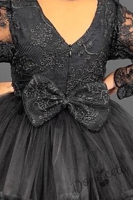 Официална детска рокля с дълъг ръкав  от дантела и тюл в черно с панделка за коса 6