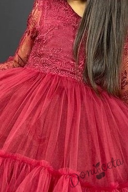 Официална детска рокля с дълъг ръкав  от дантела и тюл в бордо с панделка за коса 2