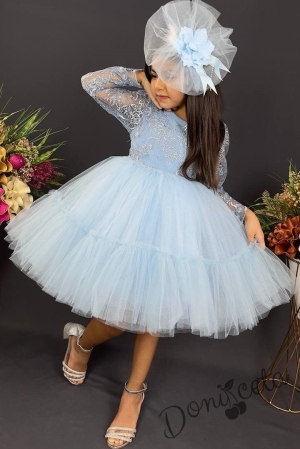 Официална детска рокля с дълъг ръкав  от дантела и тюл в светлосиньо с панделка за коса 1