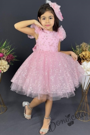 Официална детска рокля с къс  ръкав от дантела в розово с панделка за коса Мария