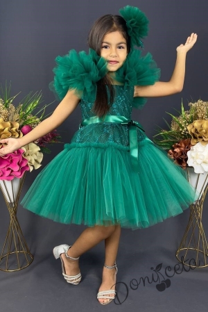 Официална детска рокля с  тюл и помпони  в тъмно зелено с дантела