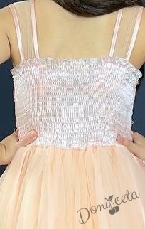 Официална детска дълга рокля в прасковено с тюл без ръкав с дантела Лора 4
