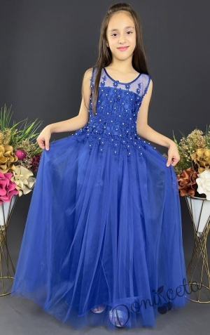 Официална детска дълга рокля в синьо с тюл без ръкав с дантела Лора 1