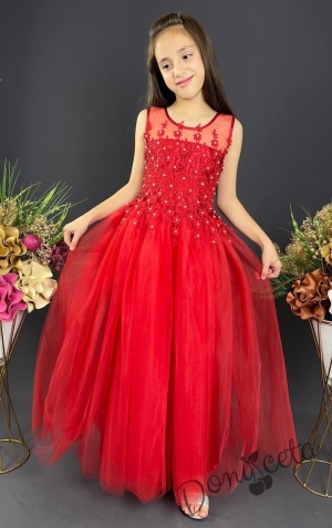 Официална детска дълга рокля в червено с тюл без ръкав с дантела Лора