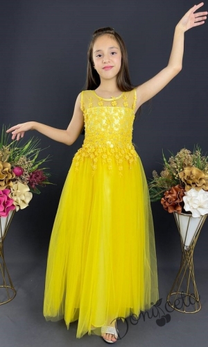 Официална детска дълга рокля в жълто с тюл без ръкав 