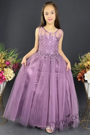 Официална детска дълга рокля в лилаво с тюл без ръкав 