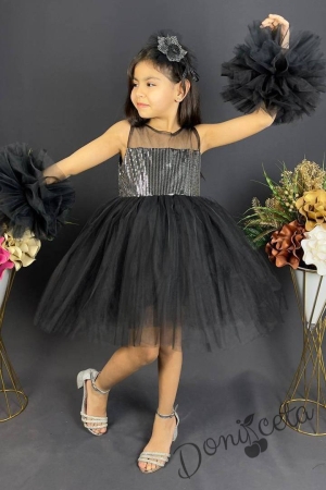 Официална детска рокля Блян с богат тюл в черно с блясък и панделка за коса