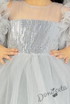 Официална детска рокля Блян с богат тюл в сиво с блясък 2