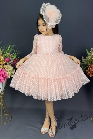 Детска рокля с ръкав 7-8 в прасковено с точки Зея 1
