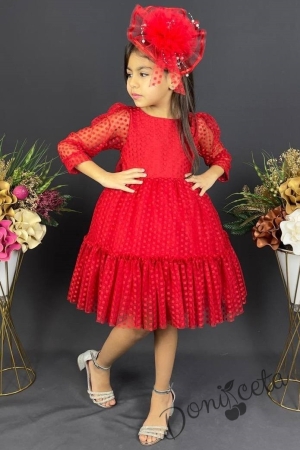 Детска рокля с ръкав 7-8 в червено с точки Зея 5