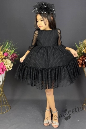 Детска рокля с ръкав 7-8 в черно с точки Зея