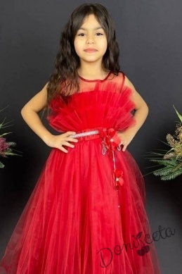Официална детска дълга рокля в червено с тюл без ръкав  1