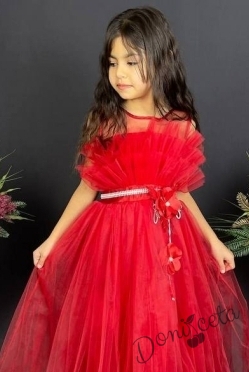 Официална детска дълга рокля в червено с тюл без ръкав  2