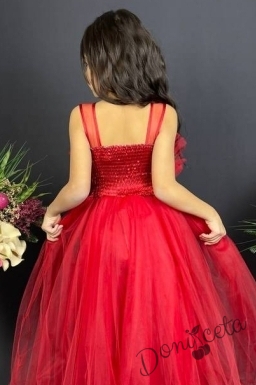Официална детска дълга рокля в червено с тюл без ръкав  3
