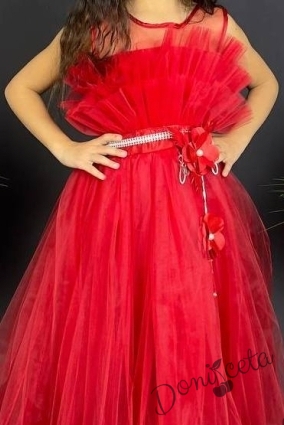 Официална детска дълга рокля в червено с тюл без ръкав  4