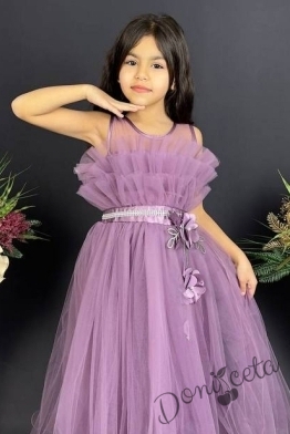 Официална детска дълга рокля в лилаво с тюл без ръкав 1