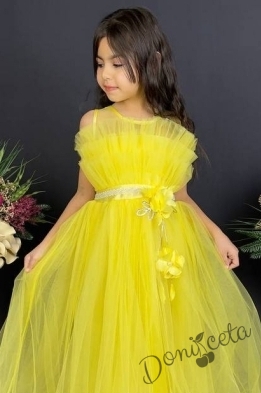 Официална детска дълга рокля в жълто с тюл без ръкав  1