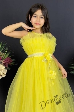 Официална детска дълга рокля в жълто с тюл без ръкав  2