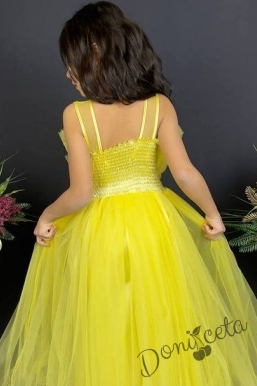 Официална детска дълга рокля в жълто с тюл без ръкав  5