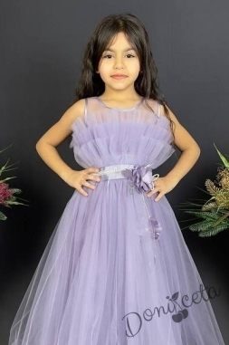 Официална детска дълга рокля в светлолилаво с тюл без ръкав  1