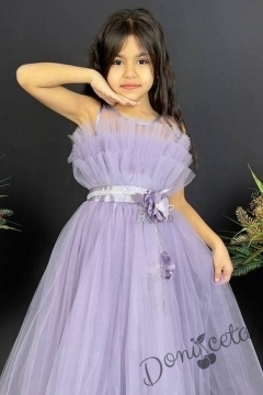 Официална детска дълга рокля в светлолилаво с тюл без ръкав  2