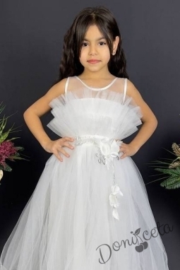 Официална детска дълга рокля в бяло с тюл без ръкав  1